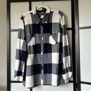 [2X] Natural Reflections Flannel Cotton Plaid Bottom Down Shirt Navy Blue White
